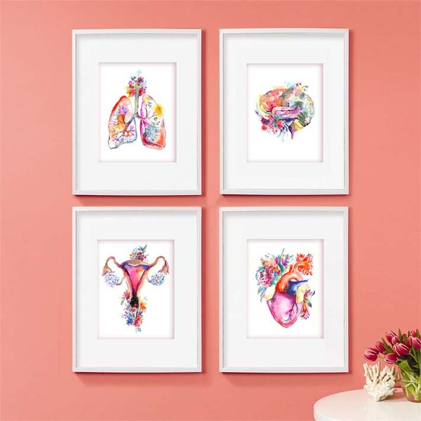 Set of 4, Anatomical Organs Art Illustration Prints.  Brain, Heart, Lungs and Uterus, Giclee Prints of Watercolor illustrations.
