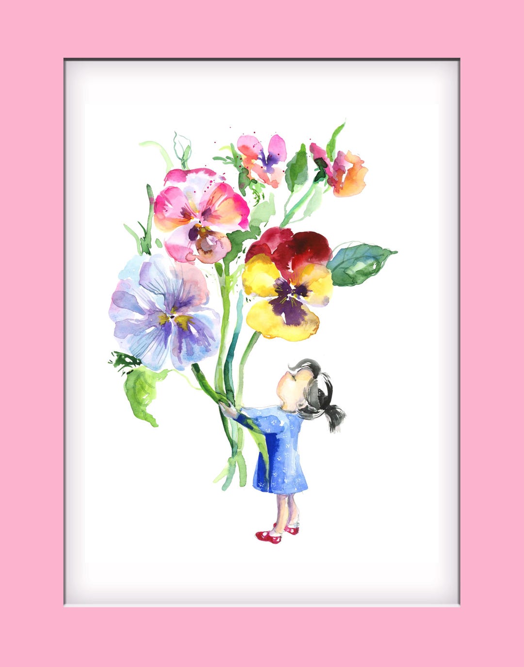 Cute Watercolor Floral Illustration, Girl With Flowers Art Print, Child ...