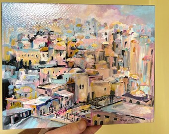 Ready to Hang, Jewish WALL ART. Jerusalem Print, Varnished and Mounted on Wooden Board.