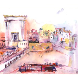 May include: Watercolor painting of a white building with columns and a golden roof, surrounded by a city with colorful buildings. The painting has a pink and purple background.