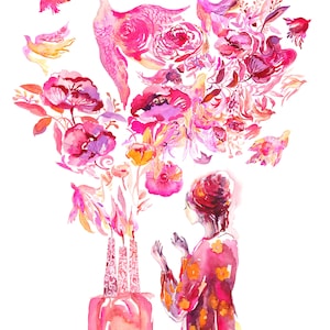 May include: Watercolor illustration featuring a woman in a pink and orange patterned dress, with hands raised in prayer. Above her, a vibrant arrangement of pink flowers and birds ascends. Three candles are on a table. The artwork is set against a white background.