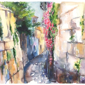 Jerusalem Street Watercolor Art Print: Jewish Wall Decor, Israel