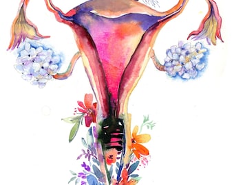 Magical Uterus, Floral Watercolor illustration. Anatomical Organs Art Print, Doctor or Nurse Wall Decor