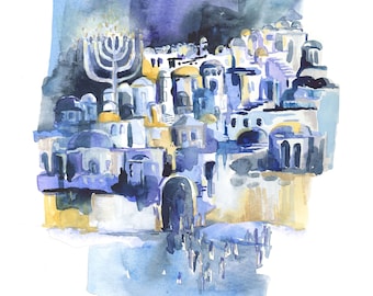 Blue Jerusalem, Watercolor Art Print of Israel, Judaica Wall Art, Signed Giclee