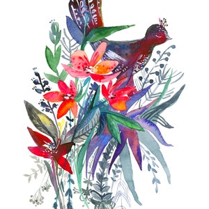 Red Bird Watercolor Art Print: Floral Wall Decor