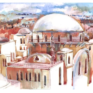 Hurva /Old Jerusalem, Jewish Art Print, Watercolor Inks
