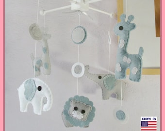 Baby Crib Mobile, Elephant Mobile, Giraffe Mobile, Lion Mobile, Modern Safari Mobile, Polka Dot London fog Gray White theme