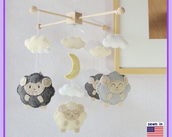 Baby Crib Mobile: Gray Little Sheep in the Ivory Starry Night Theme, Gender Neutral Room Decor. Anqitue White Light Yellow Gray Smoke