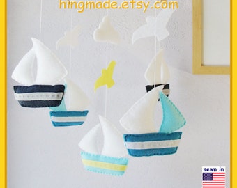 Baby Mobile: Aqua Blue Sailboats and Seagull Theme, Ceiling Hanging Decor. Aqua Blue Navy Deep Peacock Light Yellow White