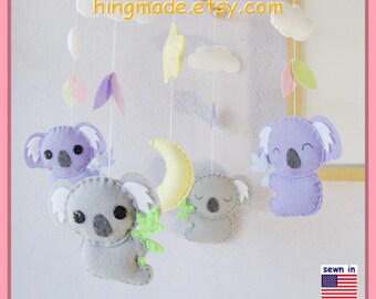 Koala Mobile - Baby Nursery Mobile - Modern Mobile - Australian Purple Gray Koala theme, Custom Mobile