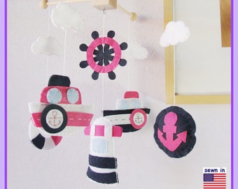 Mariner Baby Mobile: Nautical Nursery Decor, Baby Girl Gift Idea. Baby Blue Navy Red Violet White Theme