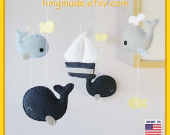 Whale and Sailboat Mobile: Navy Blue Nautical Baby Boy Nursery, Whale Family Under the Sea - Navy Baby Blue Gray Light Yellow