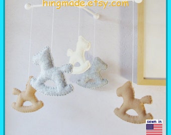Rocking Horse Nursery Mobile: Custom Felt Carousel, Gray Tan Ivory