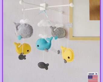 Whale Baby Mobile: Nautical Neutral Nursery Decor, Whale Family and Little Fish Under the Sea - Sunflower Aqua Granite Smoke Gray