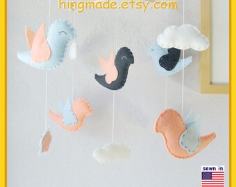 Baby Cot Mobile: Lovely Birds Playing in Flowers and Clouds Theme, Baby Girl Nursery. Baby Blue Coral Navy White