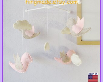 Baby Cot Mobile: Ivory and Pink Birds Playing in Flowers and Clouds Theme, Baby Girl Nursery. Anqitue White Petal Pink Sandstone