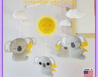 Baby Crib Mobile, Koala Mobile, Nursery Mobile, Modern Mobile, Australian Animals, Gray Koalas and Yellow Sun,Custom Mobile