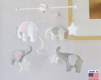 Baby Crib Mobile, Nursery Decor, Elephant Mobile, White Mobile, Starry Night Mobile, Gray White Pink,Custom Mobile