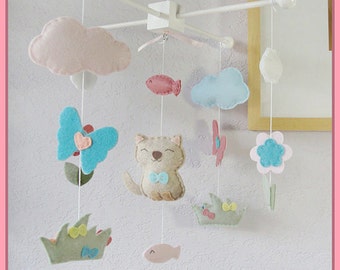 Cat Mobile: Happy Cat and Butterfly Playing in Flower and Cloud Theme, Custom Made your Pets Decor. Pink Colors Style