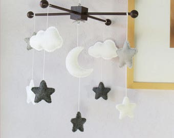 Baby Crib Mobile: Crescent Moon Stars and Clouds Neutral Nursery Decor, Handmade Felt Cot. Gray Smoke and White Theme