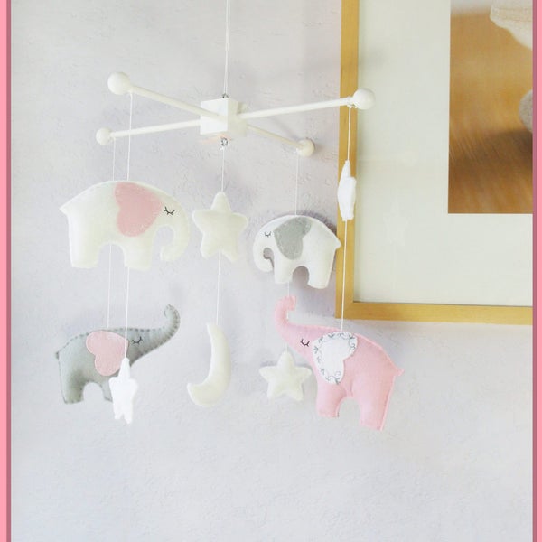 Baby Crib Mobile, Nursery Decor, Elephant Mobile, White Mobile, Starry Night Mobile, Gray White Pink, Custom Mobile