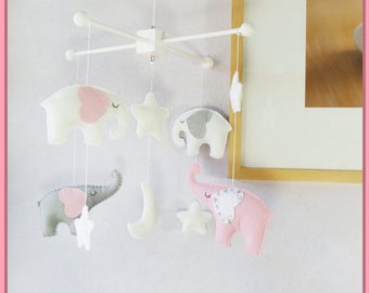 Baby Crib Mobile, Nursery Decor, Elephant Mobile, White Mobile, Starry Night Mobile, Gray White Pink, Custom Mobile