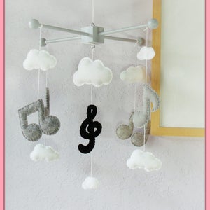 Music Note Mobile: Modern Baby Mobile, Musical Note Nursery, Music Note and Clouds Decor, Kids Room Music Design. Black Grey and White image 5