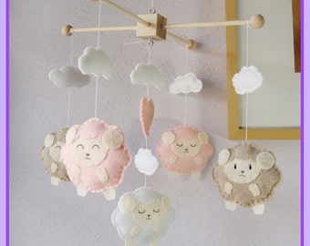 Handmade Sheep Baby Mobile: Pink Heart Theme Nursery Decor