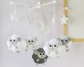 Baby Mobile: Modern Black and White Sheep in White Starry Night, Baa-Baa-Black-Sheep Nursery. Granite Smokey Marble Smoke White