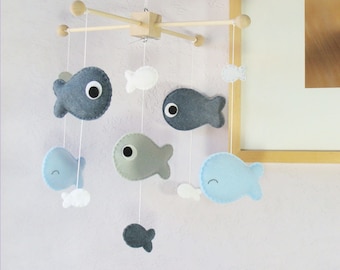 Fish Baby Mobile: Under the Sea Nursery Decor, Baby Boy Goldfish Cot Mobile, Denim Baby Blue Light Gray White theme