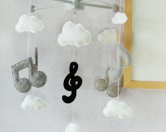 Handmade Music Note Mobile: Modern Nursery Decor, Felt Clouds