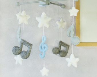 Music Note Mobile: Modern Boy Room Musical Note Decor, Music Note and Stars Cot, Kids Room Music Design. Blue Gray and White Theme