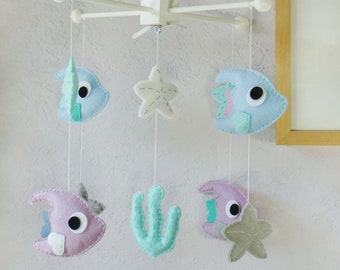 Angelfish Mobile: Teal Under the Sea Polka Dot Nursery Decor, Lovely Ocean Fish, Baby Blue Berry Turquoise Gray White Theme