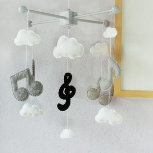 Music Note Mobile: Modern Baby Mobile, Musical Note Nursery, Music Note and Clouds Decor, Kids Room Music Design. Black Grey and White image 1