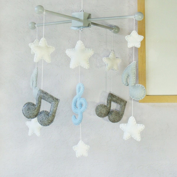 Music Note Mobile: Modern Boy Room Musical Note Decor, Music Note and Stars Cot, Kids Room Music Design. Blue Gray and White Theme