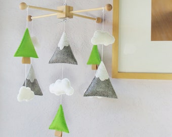 Mountains Baby Mobile: Lime Green Mountain and Tree Modern Nursery Decor, Nature Camping Triangle Tree, Lime Green Gray White Theme