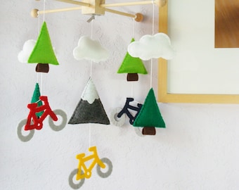 Mountain and Biking Mobile: Adventure Outdoor Nursery Hanging Mobile, Great Outdoor Mountain Bike Art. Red Yellow Navy Lime Green and Gray