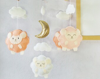 Baby Mobile: Coral Little Lamb with Gold Moon Theme, Gender Neutral Baby Shower Gift Idea. Baby Pink Coral White