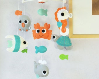 Under the Sea Mobile: Teal and Orange Sea Creatures Nautical Nursery Decor, Angelfish Crab Octopus Seahorse Turtle Whale