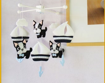 Boston Terrier Baby Mobile: Handmade Puppy & Sailboat Nursery Decor