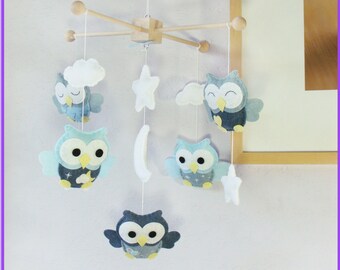 Ceiling Hanging Mobile: Aqua Owls Moon and Stars Theme. Denim London fog Powder Blue and White