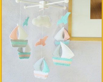 Sailboat Mobile: Boat, Yacht, Ship Sailing in Tranquil Harbor, Seagull Birds Flying in the Sky, Turquoise Coral Teal Aqua theme