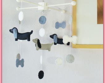 Modern Dog Mobile: Blue and Gray Puppy Dachshund Dog in Polka Dot Theme, Wiener Dog Decor, Grayish Blue Navy Gray White