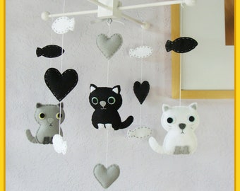 Handmade Cat Mobile: Black and White Felt Nursery Decor