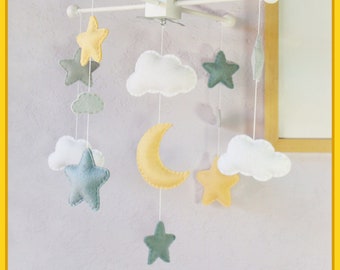 Baby Crib Mobile: Moon Stars and Clouds Nursery Room Decor, Match Blue Gray Yellow Baby Bedding, London fog Grey Cake Yellow