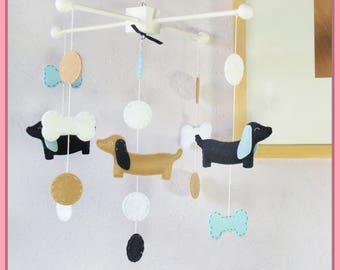 Modern Dog Mobile: Blue and Beige Puppy Dachshund Dog in Polka Dot Theme, Pet Cot Mobile, Powder Blue Navy Wheat White