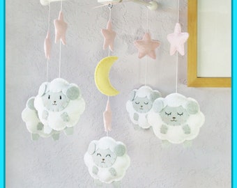 Baby Crib Mobile: White Furry Little Sheep in the Pink Starry Night Theme, Baby Girl Nursery. Light Yellow Pink Gray White