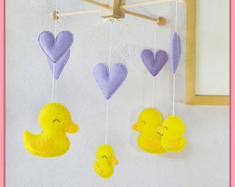 Duck Baby Mobile: Lavender Purple Hearts and Yellow Duck Family Baby Crib Mobile