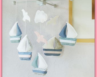 Baby Mobile: Watercolor Sailboats and Seagull Theme, Ceiling Hanging Decor. Grayish Blue Granite Light Pink White