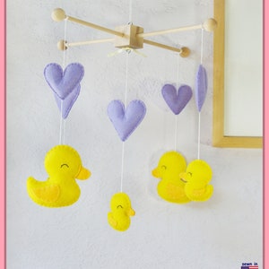 Duck Baby Mobile: Lavender Purple Hearts and Yellow Duck Family Baby Crib Mobile image 1